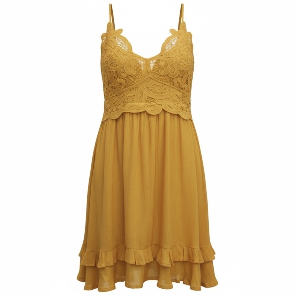 Anthropologie Listicle Dress Yellow lace bodice ruffled hem
